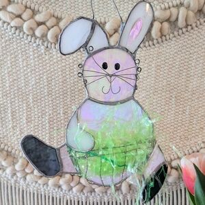 Handmade Stained Glass Easter Bunny Suncatcher – 9” Iridescent Art